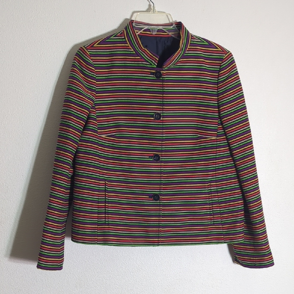 Talbots Women's Blazer Rainbow Striped Mandarin Collar Button Front‎ Colorful 10